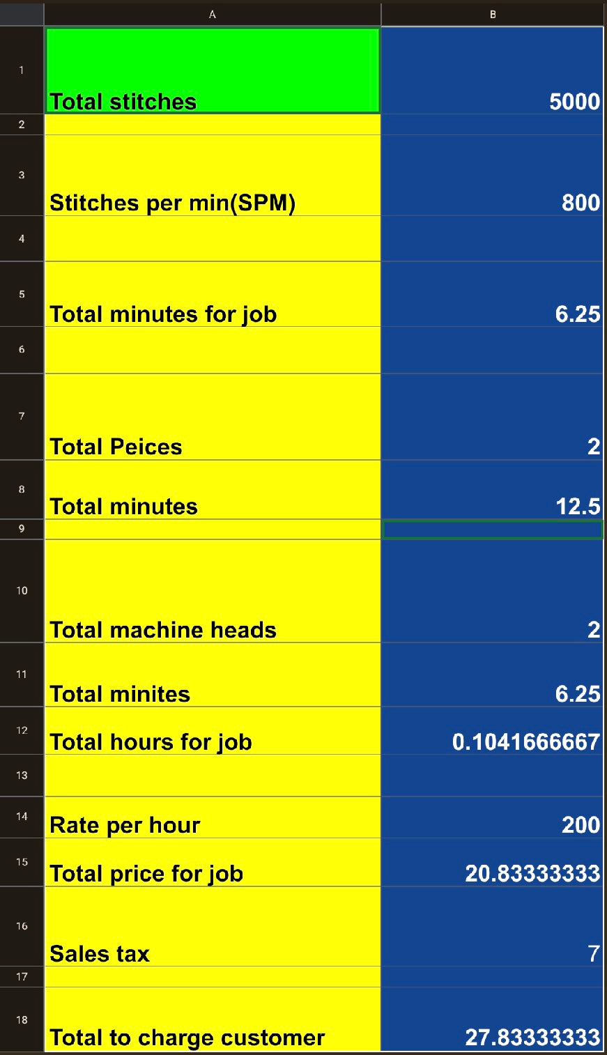 Embroidery Time & Price Calculator (Google Sheets for android phones)